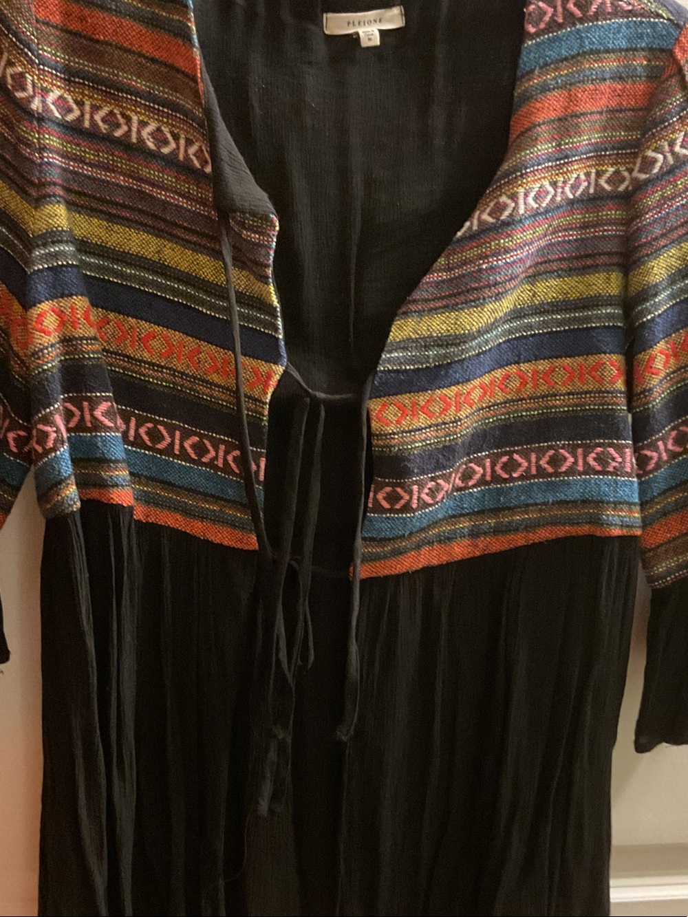 Pleione Black Open-Front Cardigan with Multicolor Stripes and Fringe